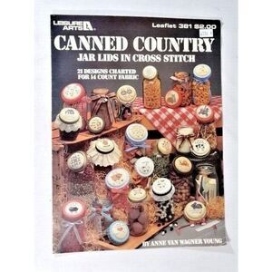 Leisure Arts Country Jar Canning Lids in Cross Stitch 21 Designs Leaflet 381 VTG